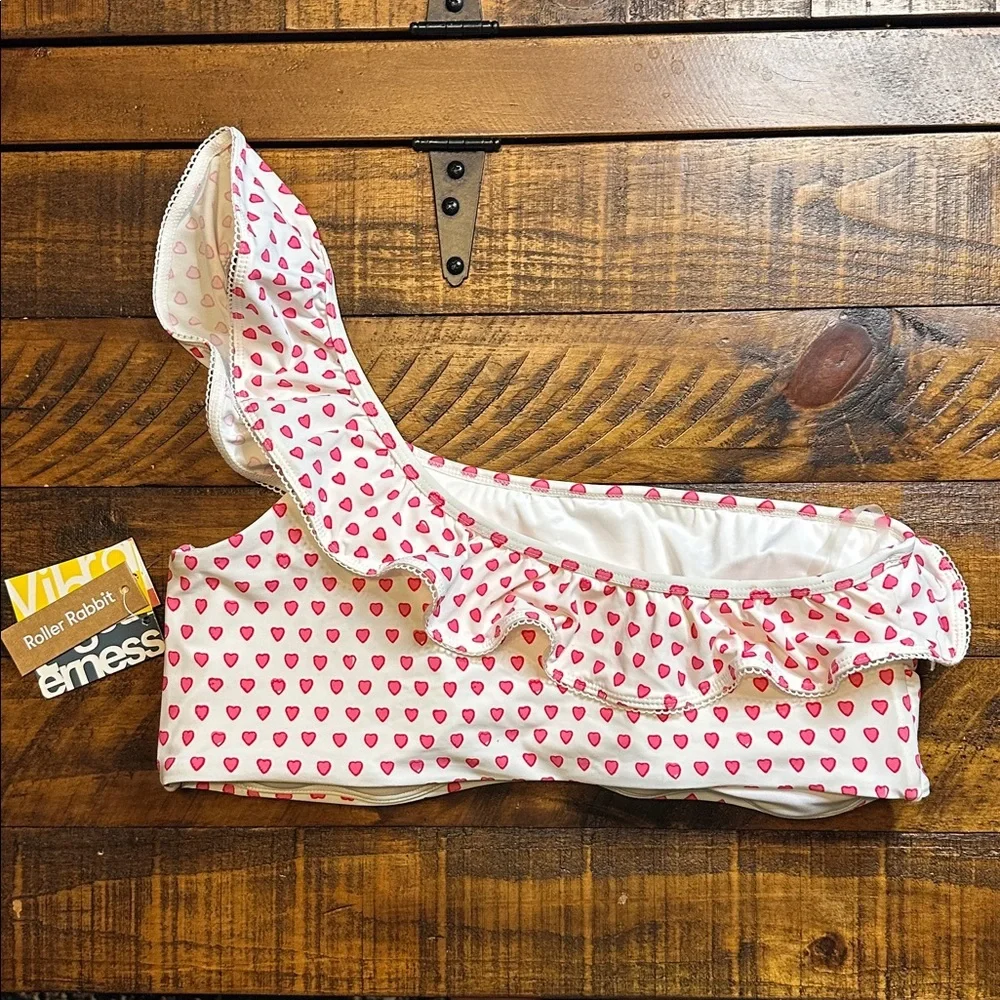 NWT Roller Rabbit One Shoulder Ruffle Bikini Top - Pink Hearts - XL - women’s